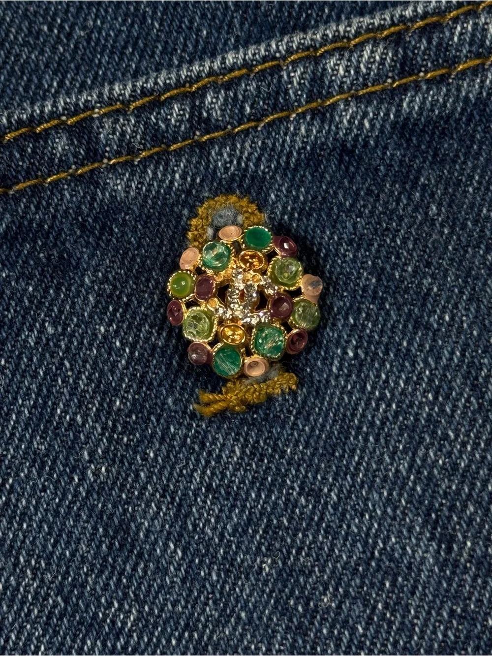 CHANEL High Rise 90s Denim Jeans with Gold CC Buttons rhinestones tapered gems